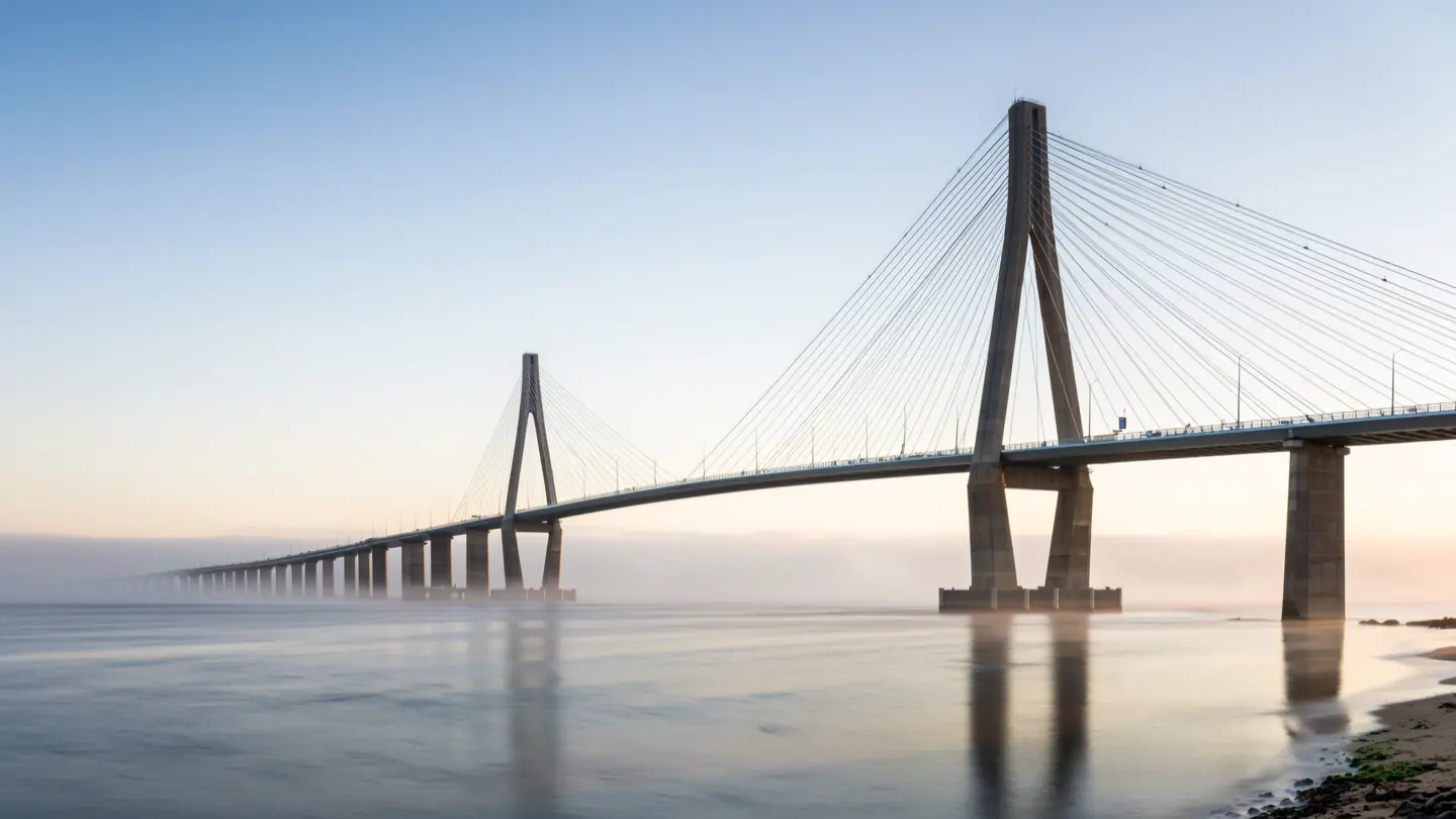 A long bridge crossing calm water at dawn